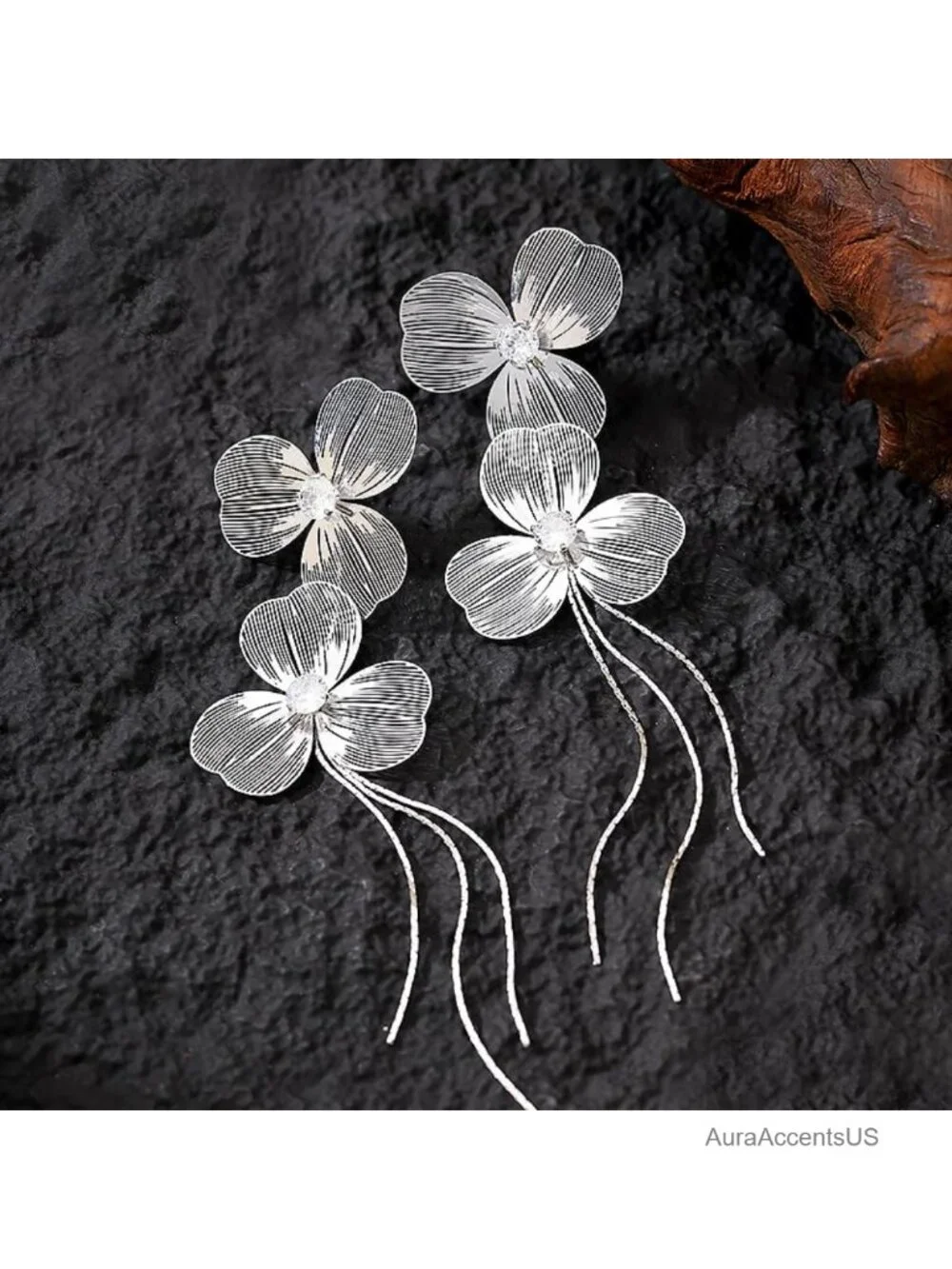 Metal Double Flower Tassel Dangle Earrings for Women Long Statement Drop
